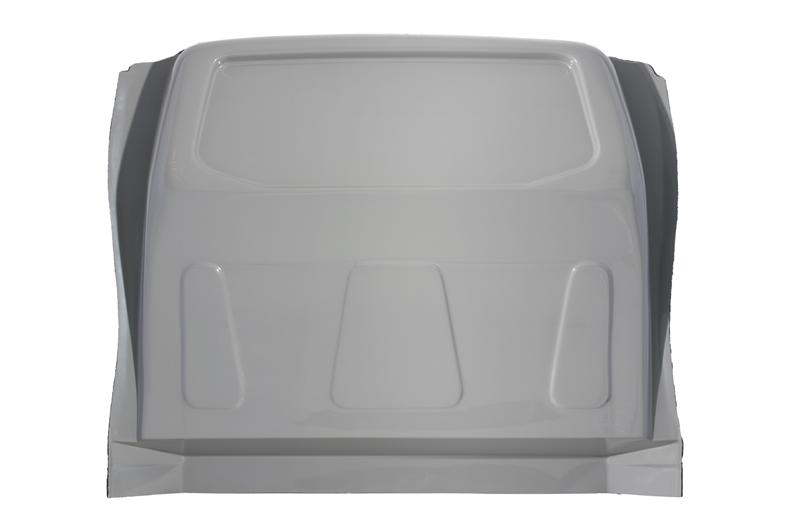 Top-down view of a gray car hood with raised central panels and surrounding edges.