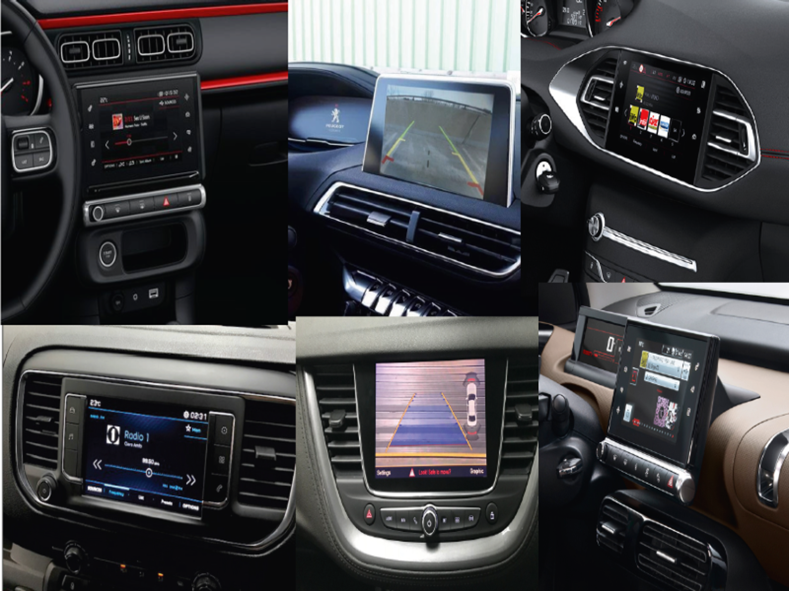 3040007_5_3040007_5.png Collage of car dashboard screens showing navigation, media, and backup camera displays in different models.