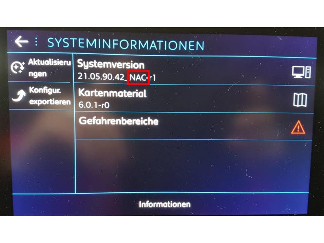 3040007_6_3040007_6.jpeg Screen showing device system information: Systemversion 21.05.90.42, NAC, Kartenmaterial 6.0.1-r0, Gefahrenbereiche (warning) with side menu items Aktualisierungen and Konfig. exportieren.