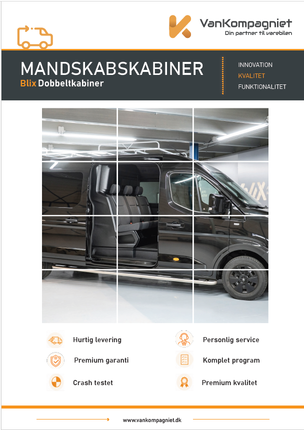 Promotional page image showing a black van with the side door open in a showroom, with Danish product header and service icons beneath.