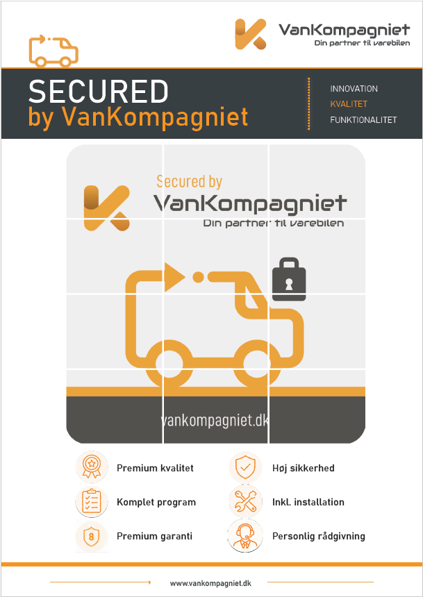 Promotional flyer for Secured by VanKompagniet with logo, truck icon, and benefits like premium kvalitet, høj sikkerhed, installation, and guidance.